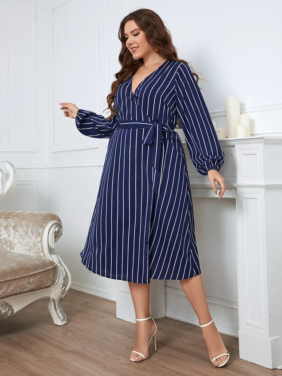 Plus Size Wrap V Neck Women Dress Long Bishop Sleeves Striped Print Robe Waist Belt A-line Dress Autumn Female Elegant Clothing