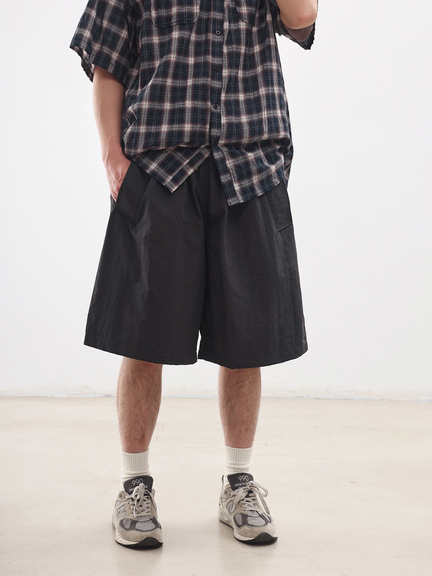 

Noears Cityboy Workwear Shorts Quick Dry Straight Leg Loose Fit Black Grey Five-Quarter Elastic Waist Summer Casual Pants