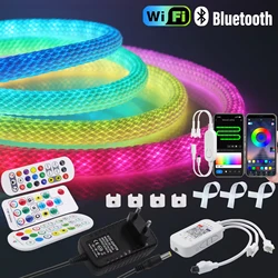 Ws2811 endereçável redondo reticulado led neon luz de tira wifi bluetooth inteligente rgbic flexível fita de luz de silicone ip67 à prova dip67 água