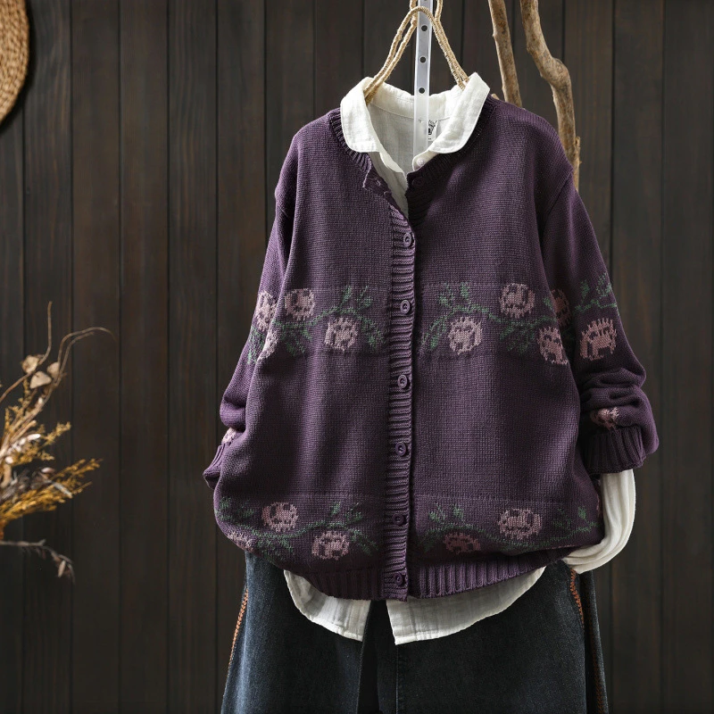 

Women Long Sleeve Knitted Cardigans New Arrival 2025 Autumn Vintage Style O-neck Floral Pattern Female Casual Sweaters T795