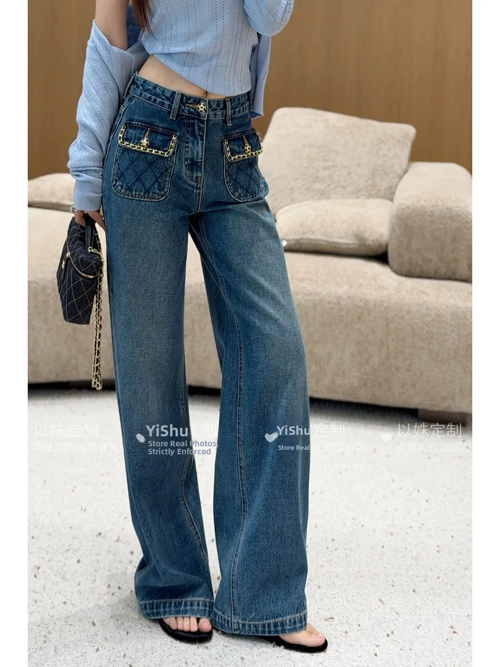 High Waist Wide Leg Jeans Luxury Diamond Grid Pocket Design Cotton Fabric Straight Cut Resistant to Deformation for Ladies