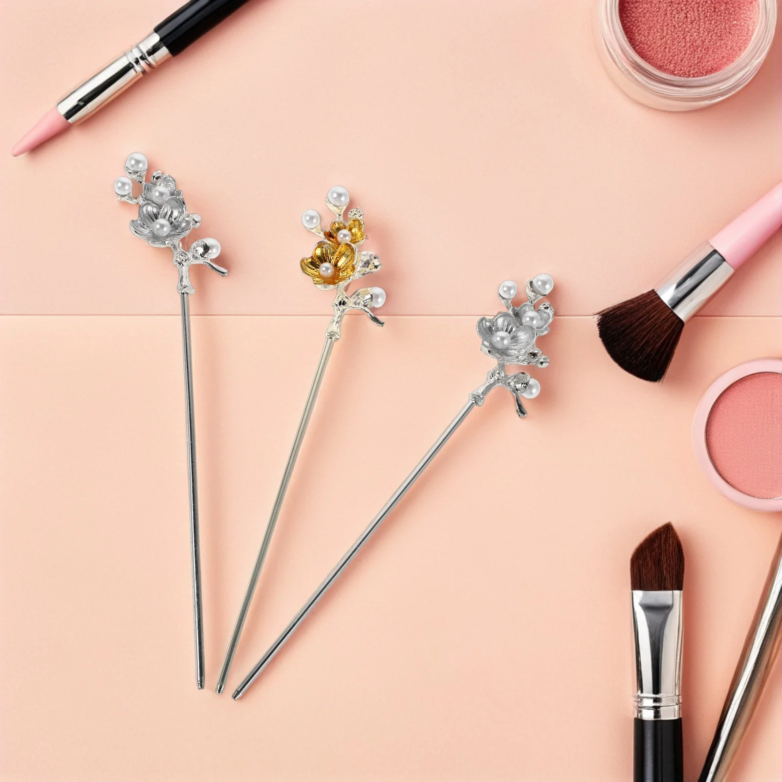 3pcs Pearl Hair Accessories Gold Silver Chinese Hair Pins Bridal Wedding Floral Chignon Jewelry Bun Clips For Women