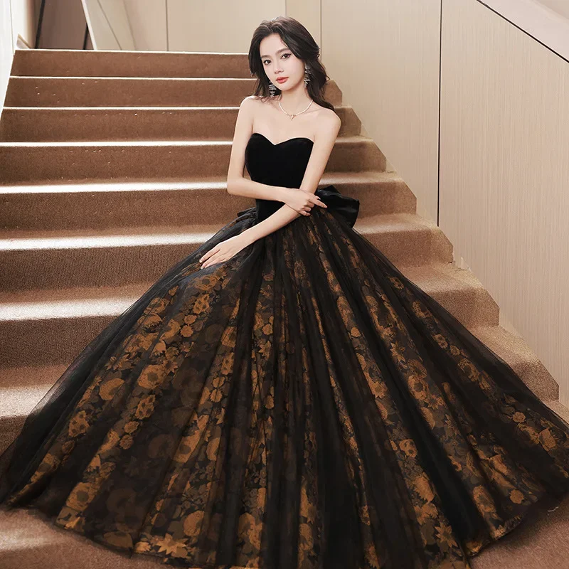 

Simple Strapless Formal Velour Evening Dress Vintage Print Banquet Prom Ball Gown Sweet Bow Black Party Dresses Elegant Robe