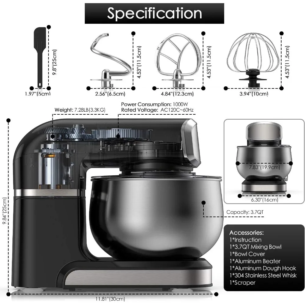 Elektrischer Mixer, 6 Geschwindigkeiten mit Kippkopf-Teig mischer aus Edelstahls chale, Teig haken, Spritz schutz und Schaber, Stand mixer