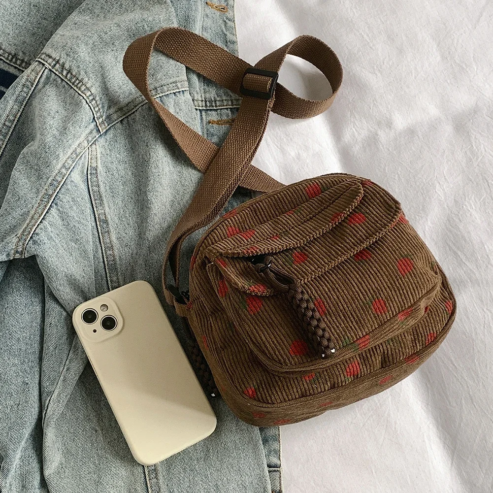 

Cute Strawberry Trendy Crossbody Bag Corduroy Messenger Bag Casual Zipper Underarm Bag for Women Travel Work
