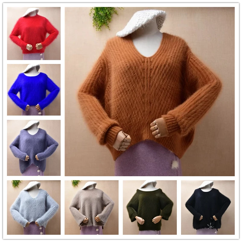 

Ladies Women Fall Winter Thick Warm Hairy Angora Rabbit Hair Knitted V-Neck Long Sleeves Loose Sweater Mink Fur Jumper Pull Tops