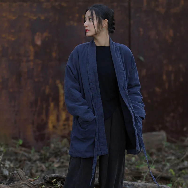 Vrouwen Hanbok Ramee Katoen Gebakken kleur Gewatteerde Jas Winter Kimono Stijl V-hals Losse Lace-Up Warme Jas Casual Gewatteerde uitloper