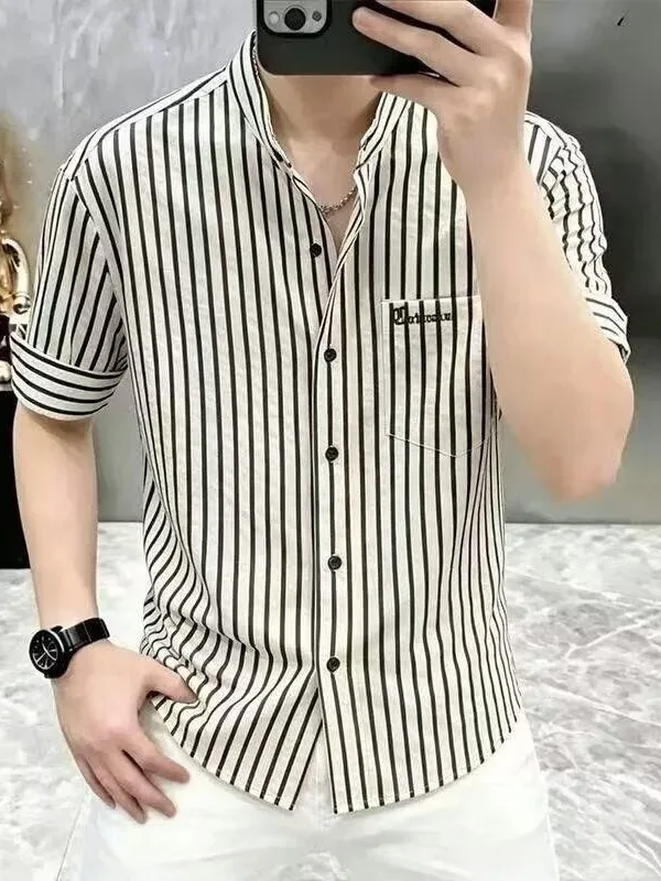 

Summer Men's Slim Fit Ice Silk Stripe Short Sleeve Shirt Casual Style Five-Quarter Length Breathable Cool Feeling Fashionable...