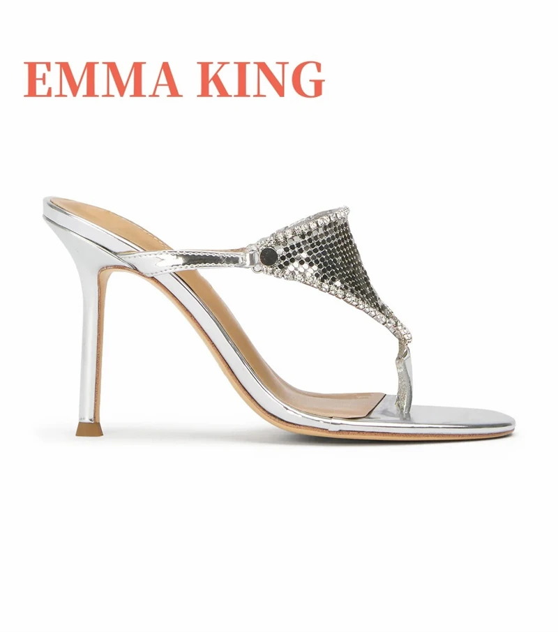 Silver Metallic Heels Open Toe Women's Mules Shoes Prom Thong Sandals Summer Fashion Thin Heeled Slide Sandals T-Strap Mules view 2