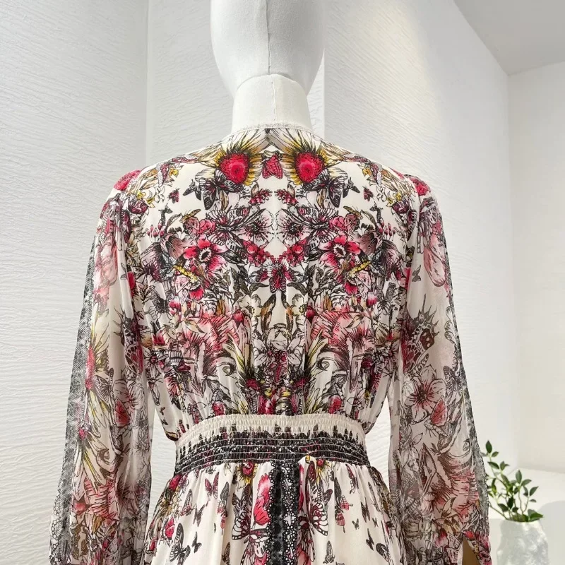 Bege borboleta floral impressão longa lanterna nova moda 2024 manga rendas de alta qualidade com decote em v vestidos midi para senhoras