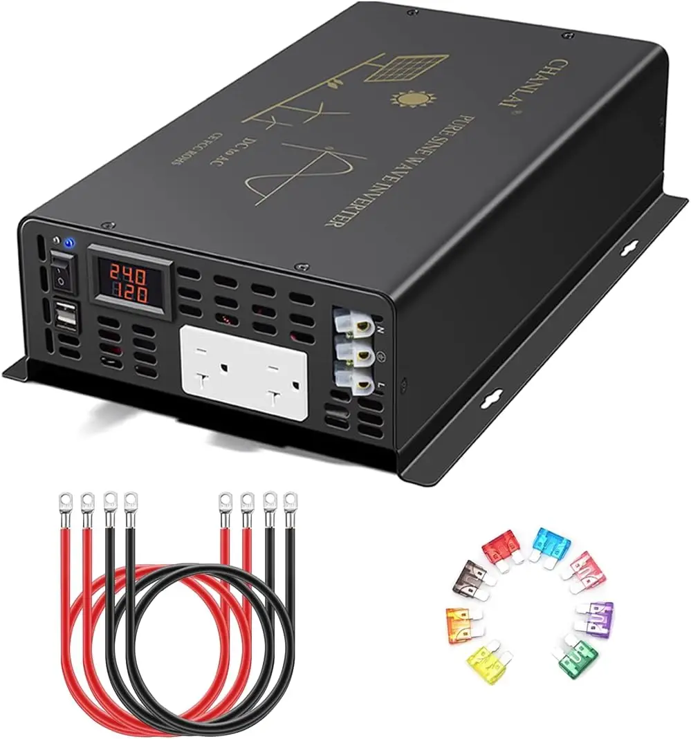 2000W Pure Sine Wave Inverter Solar Power Generator 12V/24V/48V DC to 110V/220V/230V/240V AC Converter Pump TV PC RV Fridge Lamp