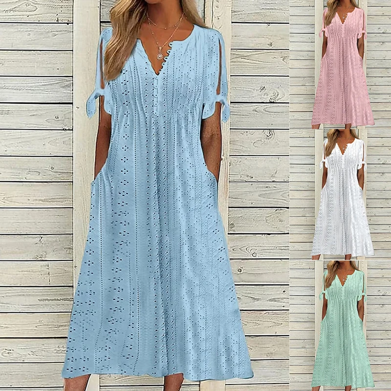 Robe longue brodée à col en V pour femmes, robes maxi décontractées, robe taille haute pour dames, manches courtes, robe de soirée sexy avec poche