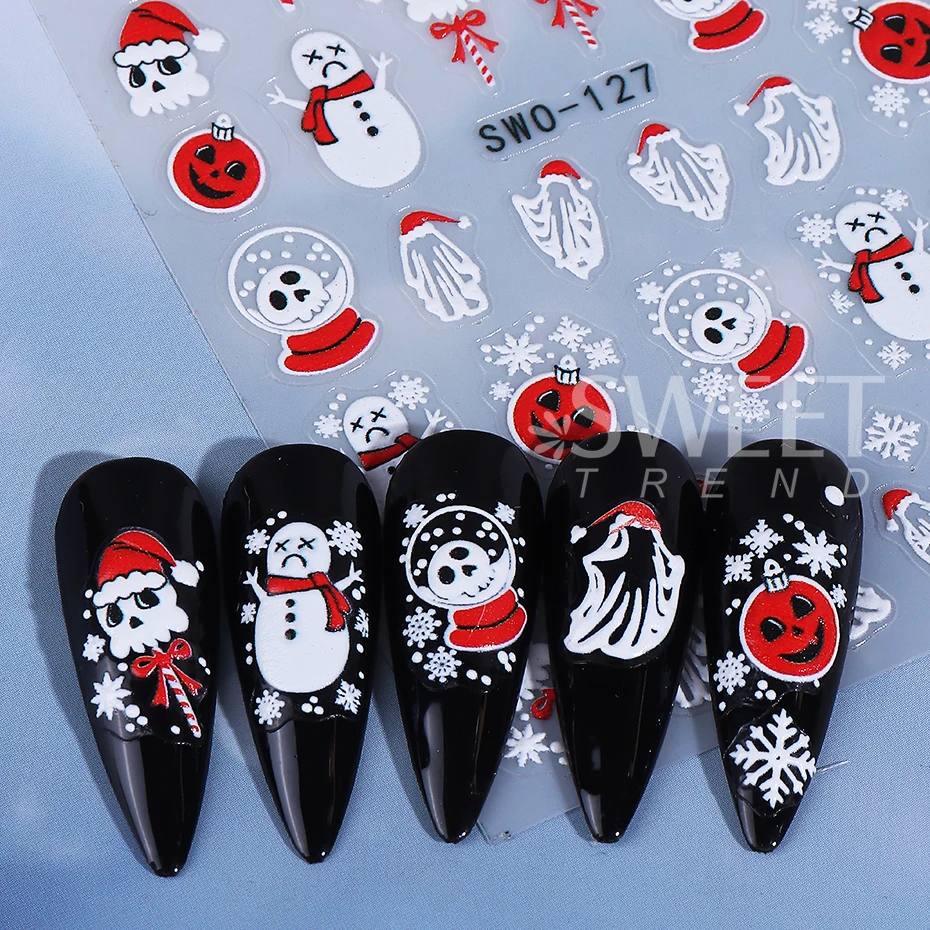 2/3pcs Halloween Nail Stickers Snowman Spider Devil's Eye Bow Self-Adhesive Design DIY Gel Polish Nail Decal Manicure Decoration