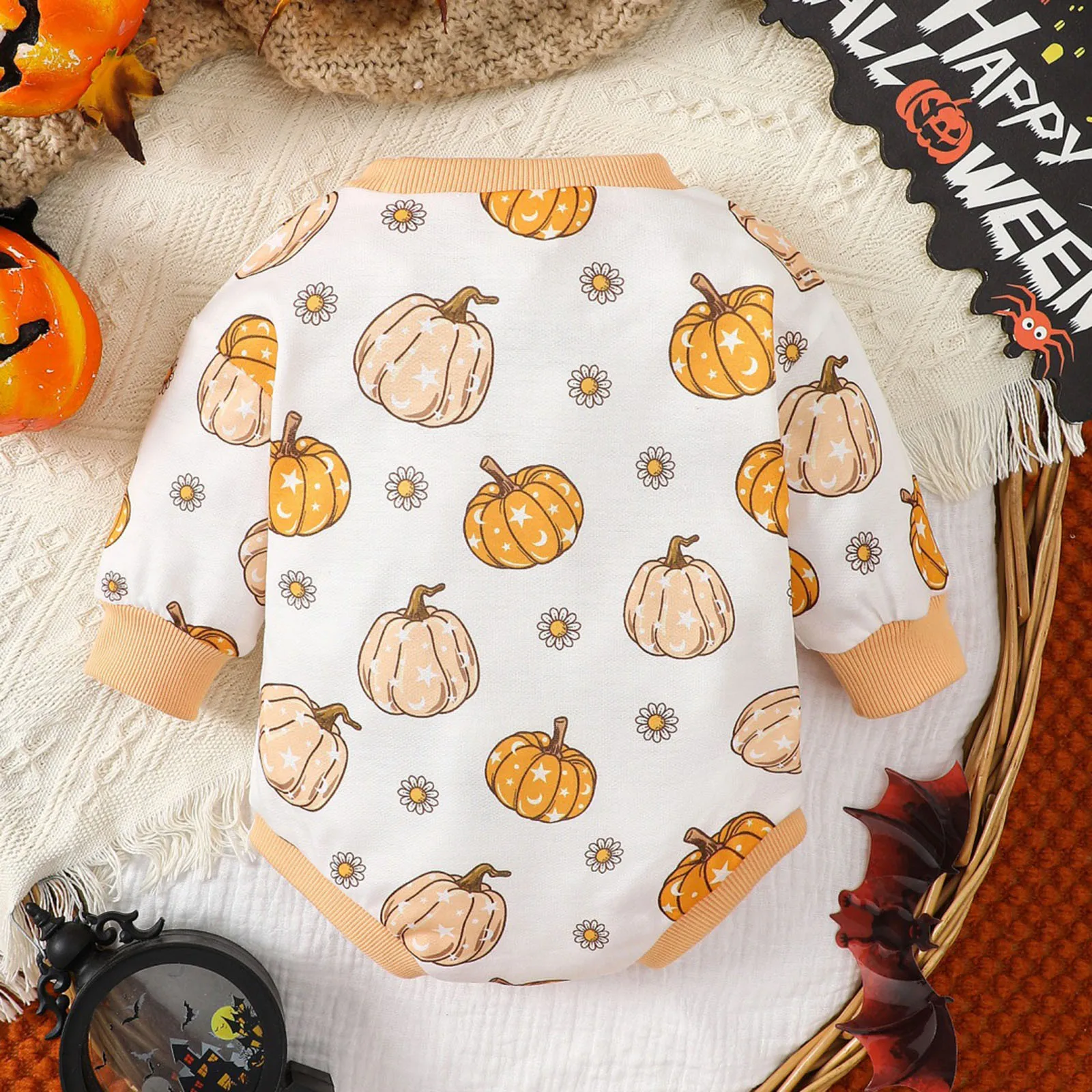 0-1years Autumn Baby Girls Rompers Clothes Newborn Infant Long Sleeve Crew Neck Pumpkin Print Jumpsuit Newborn Halloween Costume