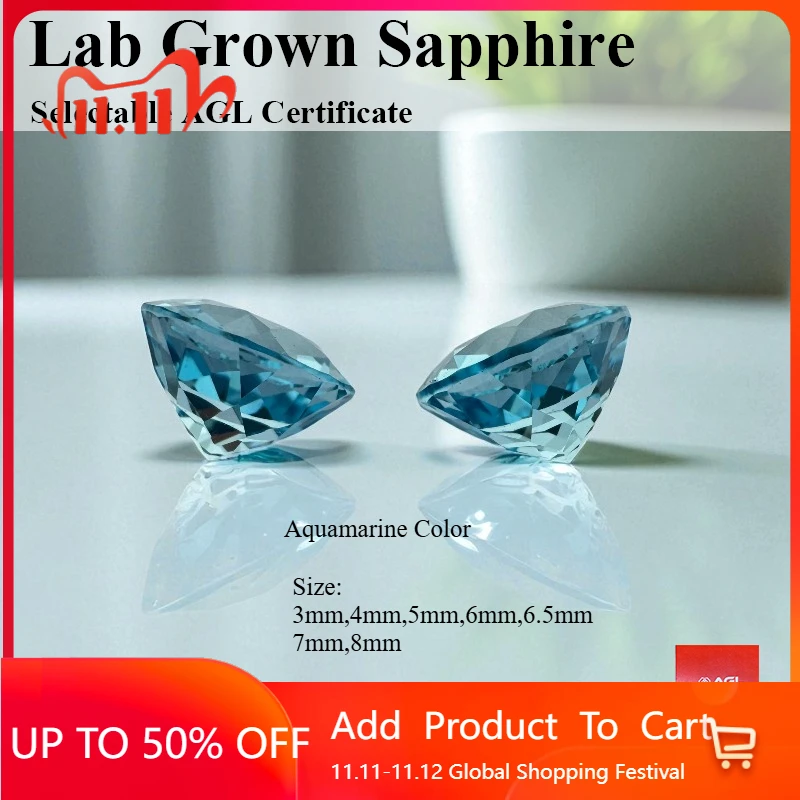 

Lab Grown Sapphire Aquamarine Color Round Cut Charm Bead For Diy Jewelry Making Pendant Selectable Certificate