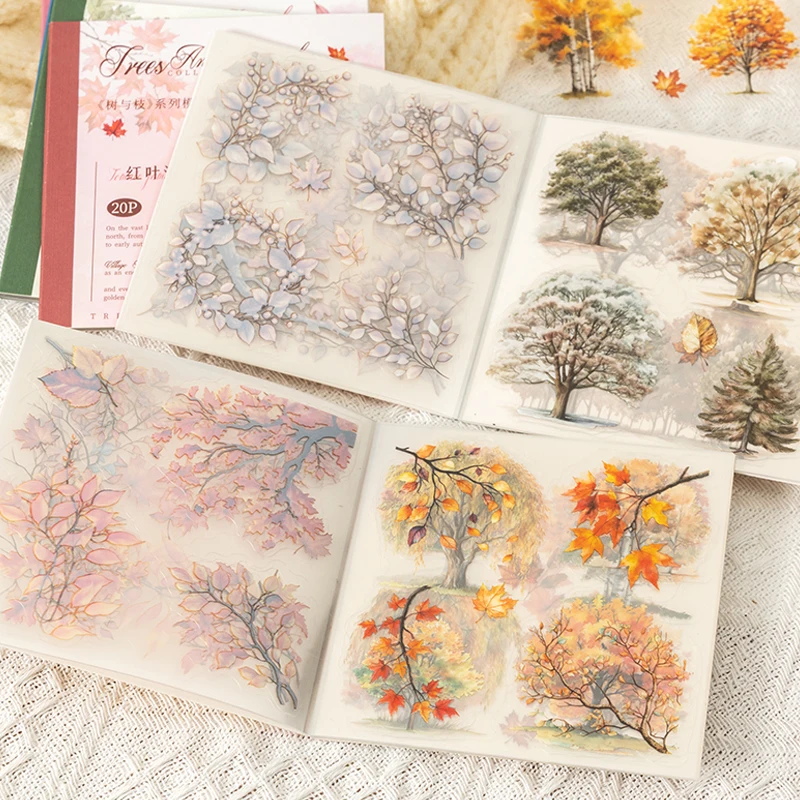 20 Sheets/book Die-Cut Stickers PET Waterproof Material Tree And Branch Series Four Seasons Tree Branches Theme Manual DIY