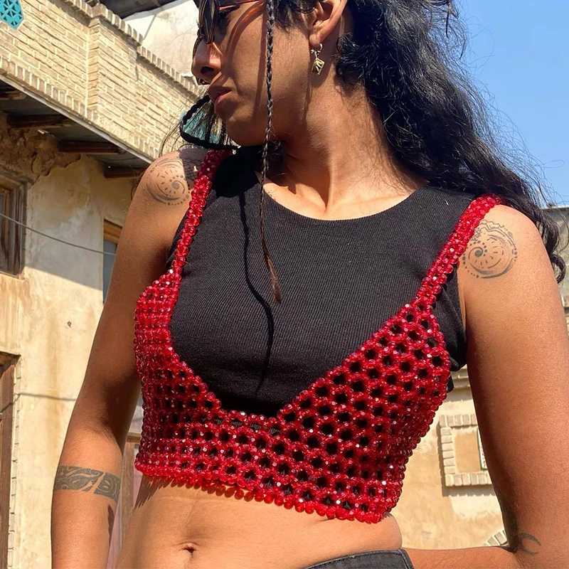 Handmade Music Festival Outfit Pearl Crop Corset Body Chain For Women Crystal Beads Bra Cover Up Hollow Out Red Beaded Bralette