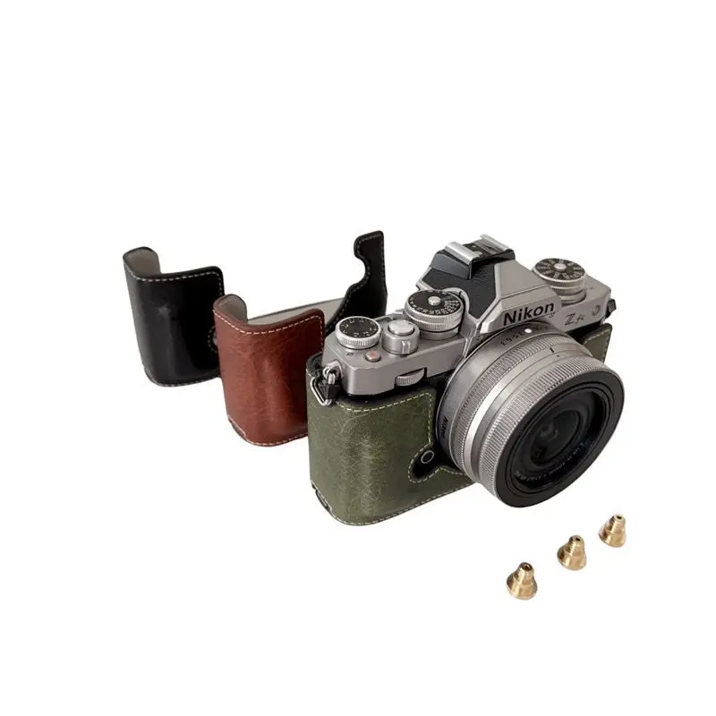 Litchi Skin PU-Ledertasche, Kameratasche, Halbkörperbasis für Nikon ZFC Z fc, schützende Öffnung, untere Abdeckung mit Schultergurt