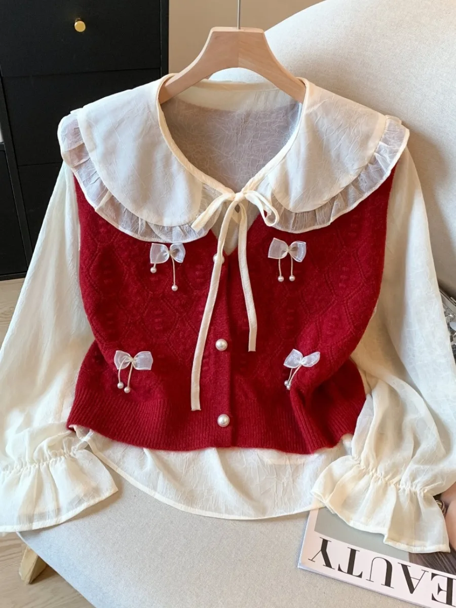 

Вязаный жилет с узлом, топ с длинным кукольным воротником-стойкой, женский комплект из двух предметов, самосохраняющийся, для поездок на работу, прямой крой