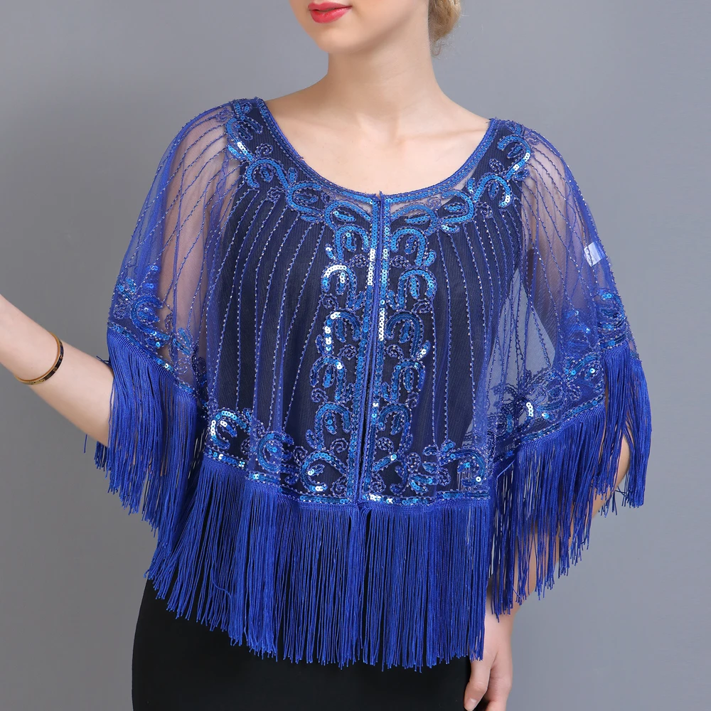 1920s Shawl Wraps Embellished Beaded Sequin Fringe Evening Cape Sheer Mesh Bridal Shawl Cover Up for Wedding Party Black Blue