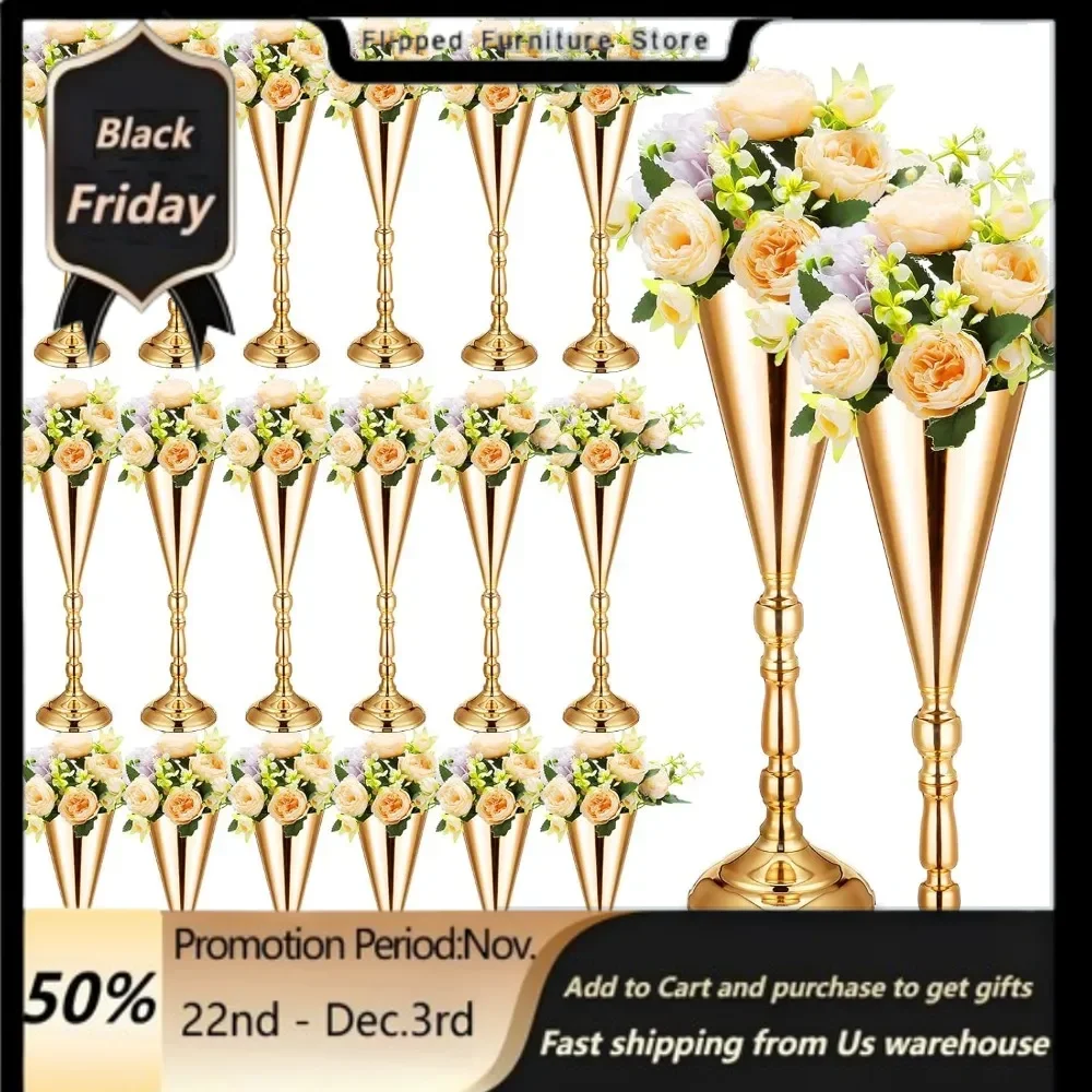 

20 Pcs 16.5 Inches Tall Gold Vase Centerpiece Wedding Metal Flower Arrangement Stand Trumpet Vase Tabletop Stand.