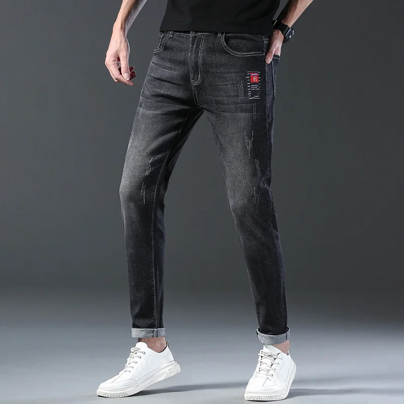 Jeans elasticizzati Slim grigi da uomo di marca Casual Classic Cotton Trend pantaloni in Denim elasticizzati a matita per giovani pantaloni Skinny