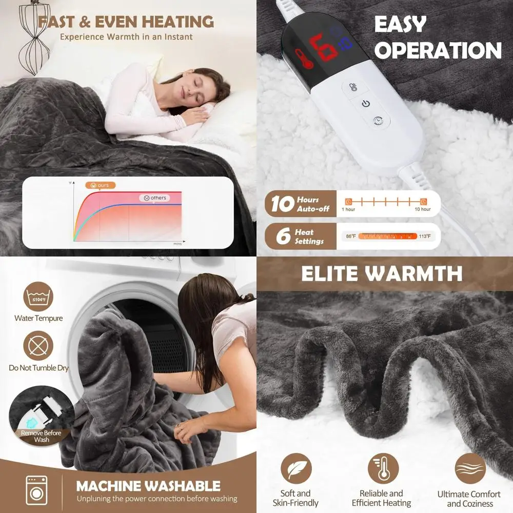 

Full Size Electric Blanket 72x84 with 10 Timers, 6 Heat Levels, Overheat Protection, Flannel Sherpa, ETL Certified, Gray