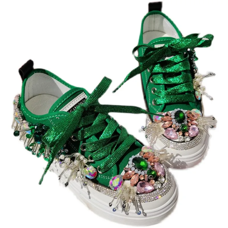 Colorful Rhinestones Women Platform Sneakers 2022 Green Canvas Bling Crystal Bridal Wedding Shoes Tassel Casual Vulcanized Shoes