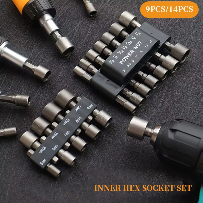 

Power Drill Bit Hex Socket Sleeve Nozzles Nut Driver Set Impact Heads Tools Impact Drill Adapter Metric1/4"3/8“ Bit Holder