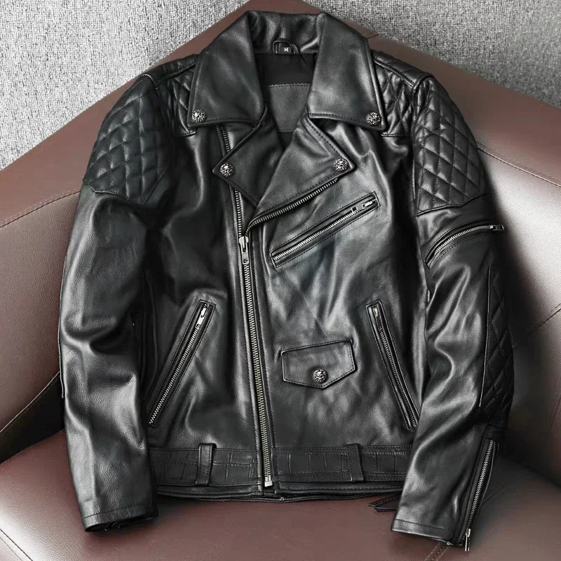 New Heavyweight Motorcycle Jacket, First-Layer Cowhide Leather Jacket, Men's Slim-Fit Lapel Multi-Pocket Fashion Coat Handsome