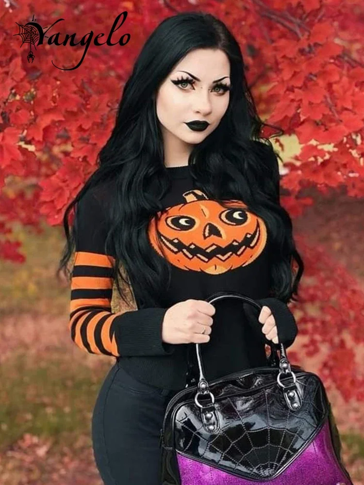Yangelo Halloween Gothic Pumpkin Printed Pattern Patchwork Pullover Knitted Sweater Women Punk Grunge Long Sleeve Warm Sweater