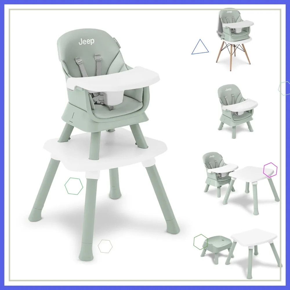 كرسي مرتفع قابل للتحويل 6 في 1 للأطفال - مقعد متعدد الاستخدام، معزز، كرسي للأطفال الصغار، طاولة ومكتب باللون الأخضر المريمية