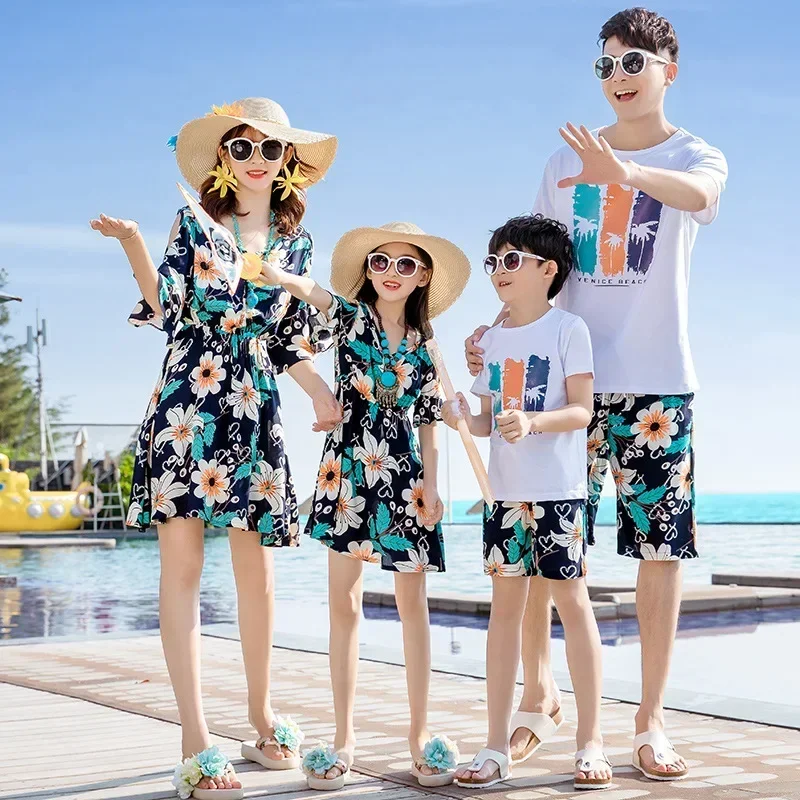 Vacation Couple Look Family Matching Clothes Mother and Daughter Resort Dress Father and Son T Shirts + Shorts 2 Piece Outfits