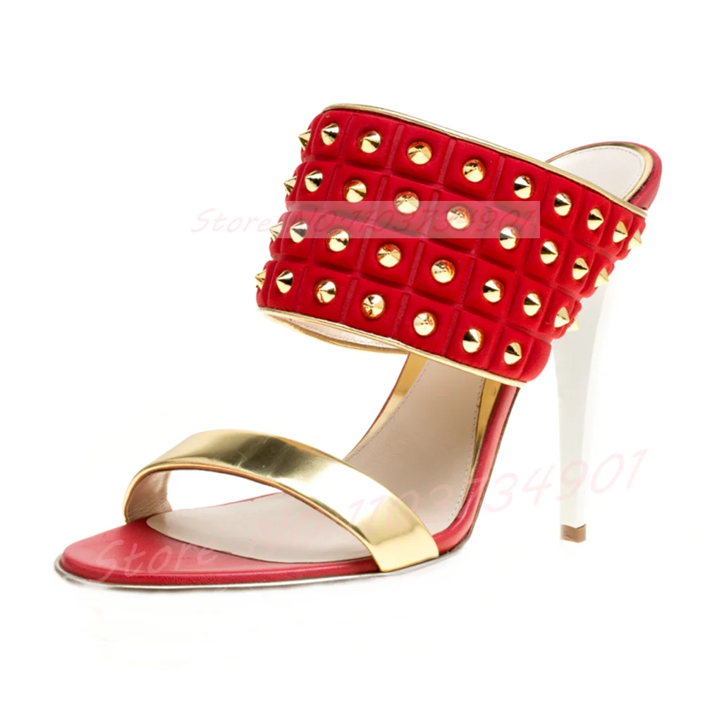 Gold Spike Studded Wide Strap Mules Women Open-Toe Red Leather Color Blocking High Heels Shoes Ladies Edgy Modern Mules