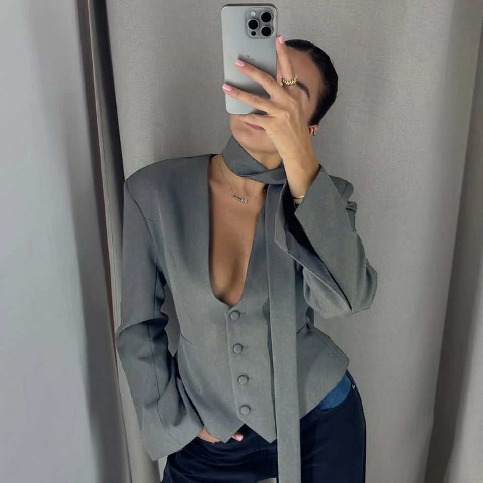 Abrigo de un solo botón Tuularose para mujer, con cuello en V y bufanda, blazer de manga larga con ajuste en la cintura, chaqueta informal ajustada para el día a día.