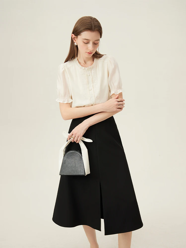 FSLE High Waisted Commuting A-line Slit Half Skirt 2024 Summer New Versatile Slimming Women Black Skirt Casual Loose 24FS12084