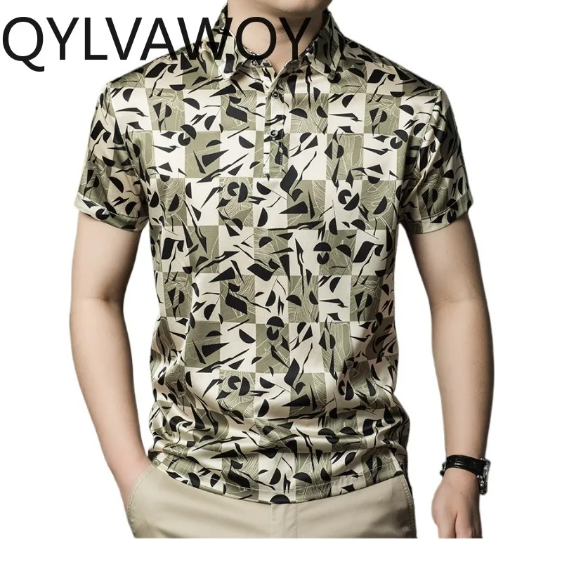 

QYLVAWOY Summer Men's Polo Shirts Tops 92.5% Mulberry Silk Shirt Thin Printed T Shirts for Man Lapel Stylish Camisas Masculina