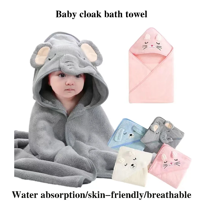 Newborn Kids Bathrobe Solid Color Cartoon Coral Fleece Super Soft 80cm Toddler Baby Hooded Bath Towel Bathrobe Swaddle Blanket