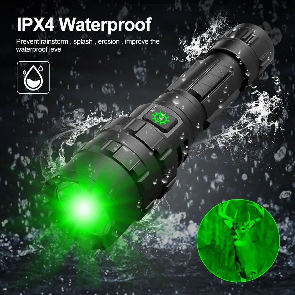 Green Red LED Hunting Flashlight Tactical 1-Mode Torch USB Rechargeable Lantern Power By 18650 Tactical Hunting Torch Flashlight