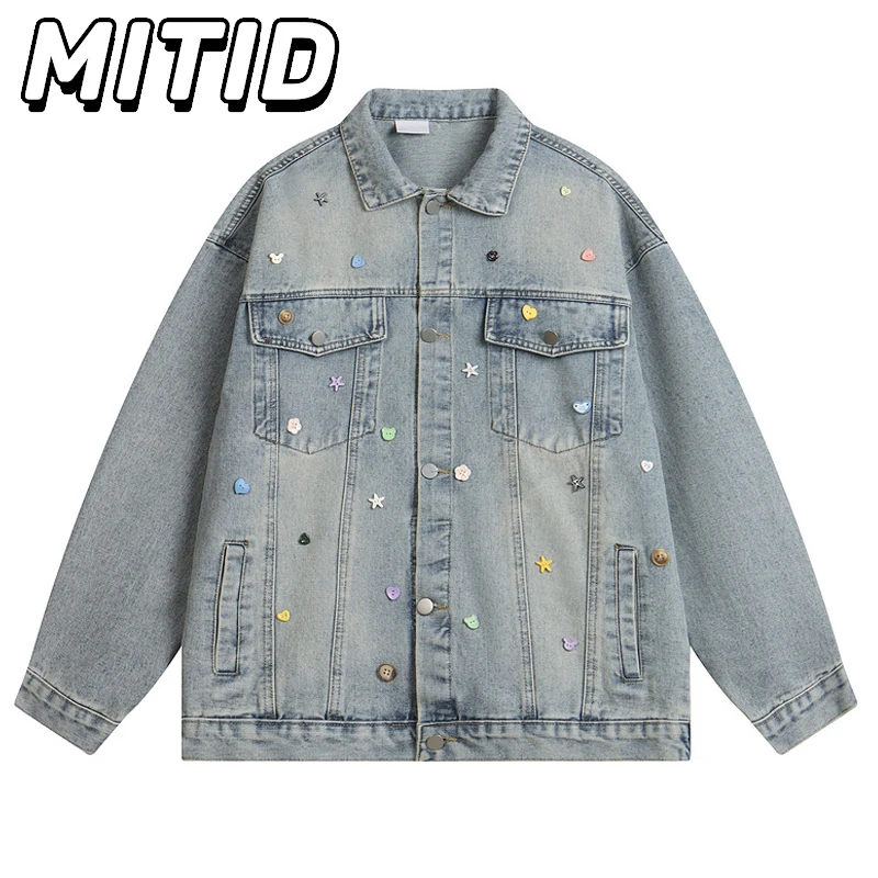 

New Autumn Couple Denim Jacket Colorful Buttons Retro Washed Denim Coat Men Casual Loose Korean Fashion Jeans Coat For Men