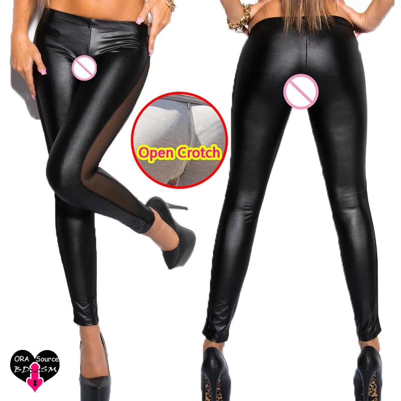 Woman Open Crotch Leather Sexy Leggings Latex Mesh Plus PU Tights Clubwear Hot Pants Zipper Couple Outdoor Sex Crotchless Cloth