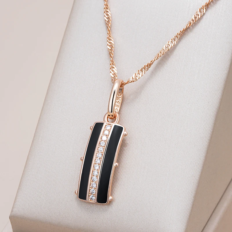 Kinel Hot Black Enamel Square Pendant Necklace Women 585 Rose Gold Color Natural Zircon Accessories High Quality Daily Jewelry