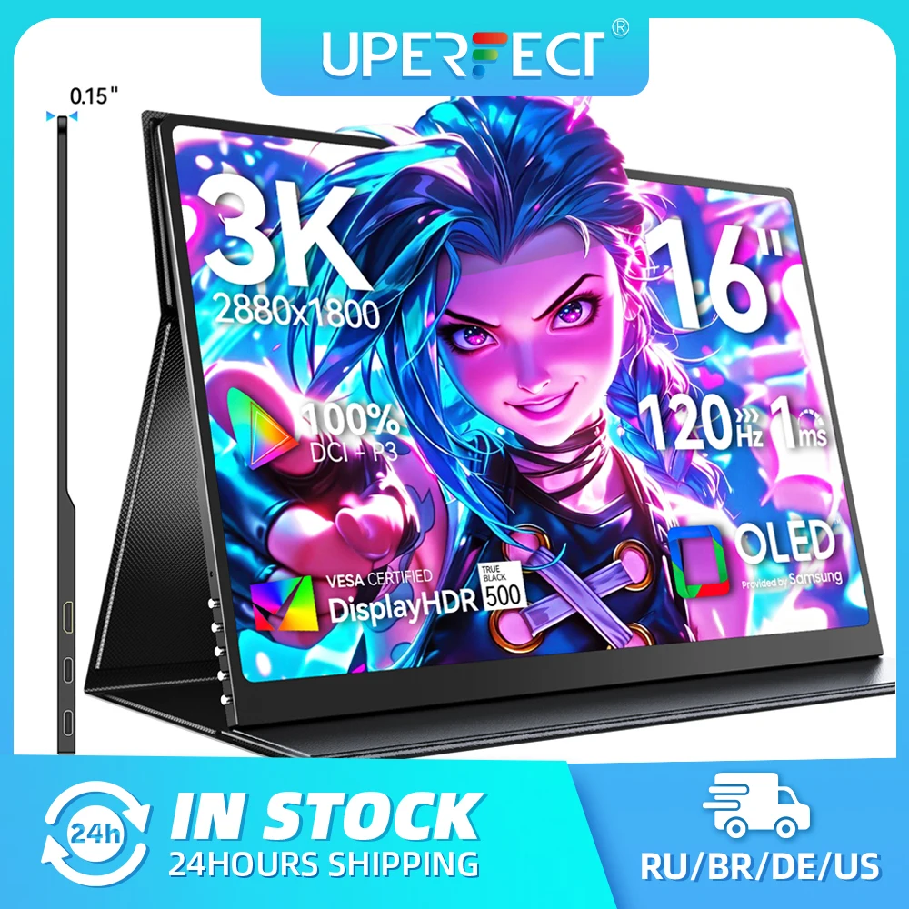 شاشة UPERFECT المحمولة OLED مقاس 16 بوصة بدقة 3K وتردد 120 هرتز و100% DCI-P3 100000:1 و500Nits ومدة استجابة 1 مللي ثانية للعين وشاشة خارجية لأجهزة الكمبيوتر المحمول وأجهزة Mac Mini وأجهزة الكمبيوتر الشخصية وأجهزة PS4/5
