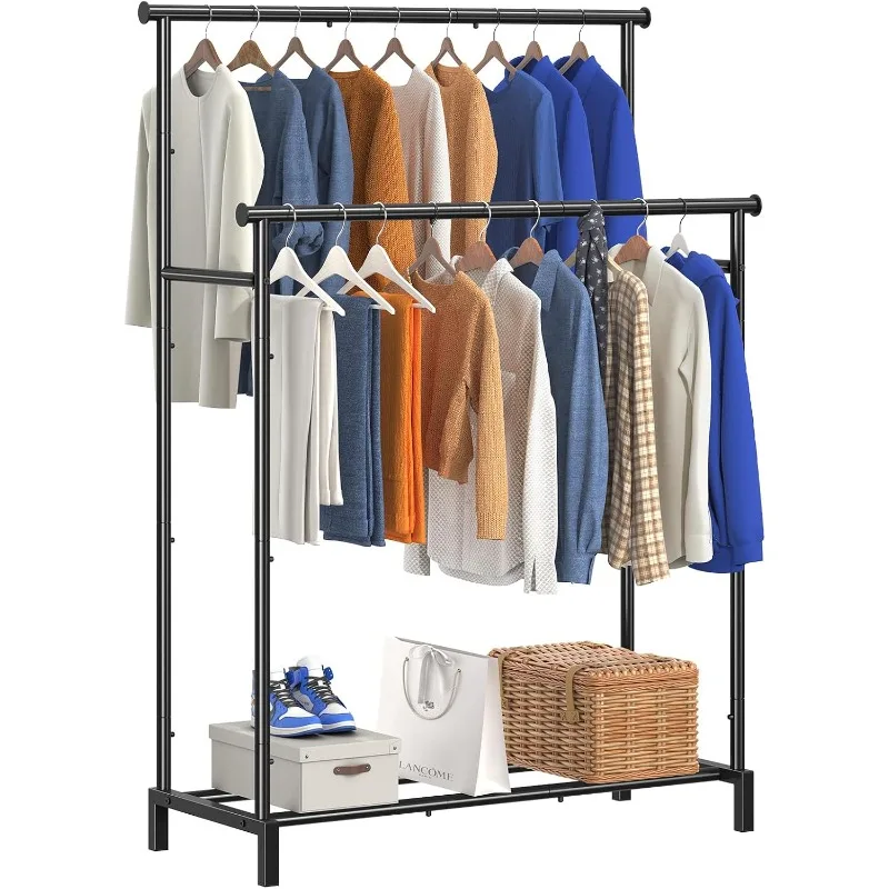 

Double Rod Clothing Clothes Rack with Bottom Shelf, Metal Garment Rack for Hanging Clothes