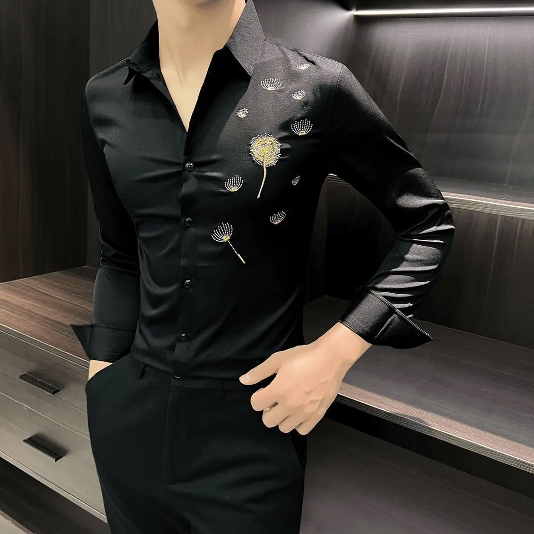 

Spring Summer Men's Slim Fit Long Sleeve Embroidered Shirt Edgy Stylish Business Casual Versatile Top