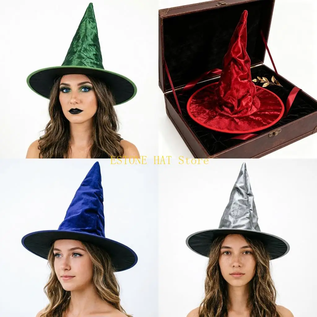 49MF Role Play Witch Hat with Wide Brimmed Ruched Pointed Top Polyester Costume Prop for Halloween Stage Looks and Photos