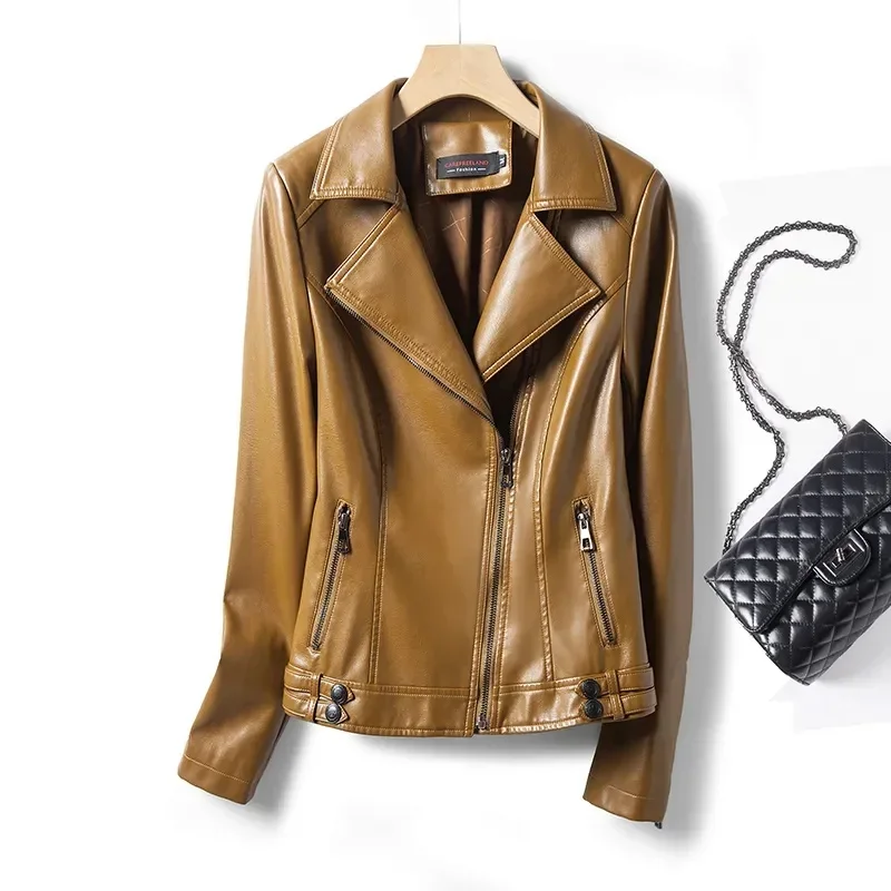 Autumn Winter Green Moto Biker Outerwear Casual Streetwear Women's 2Nd Layer Sheepskin Jacket Leather Short Coat