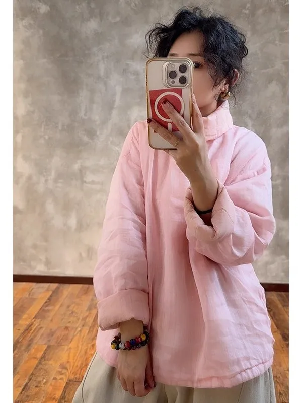 High-End Linnen Crew Ne irt Dames Herfst Vintage Casual Grote Maat Lange Sve Capuchon Basis Katoen Linnen Kleur Top