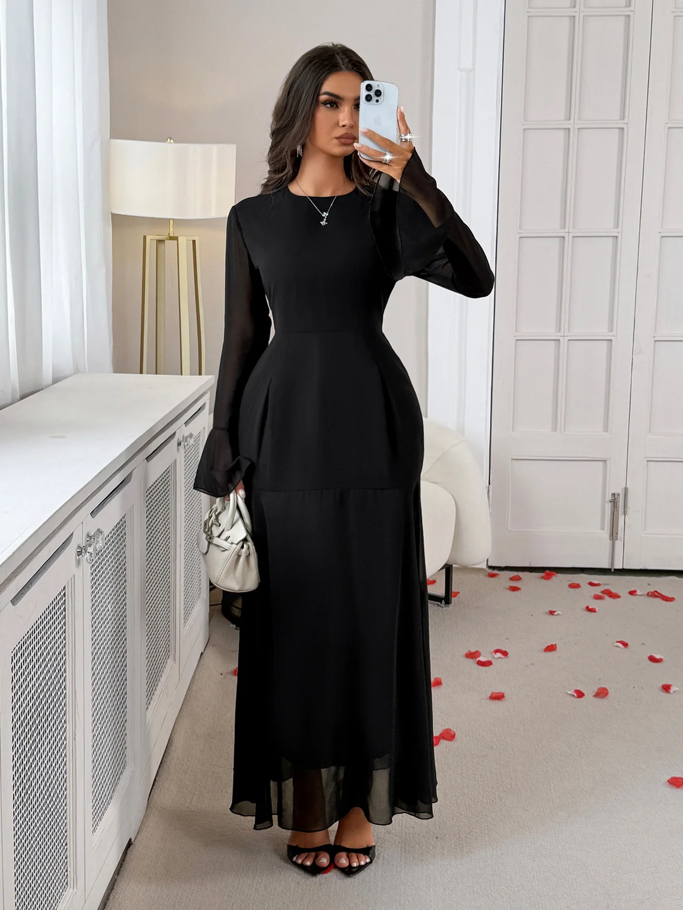Women's Dress Black Long Sleeve Maxi Dress Flare Cuff Lace Up Back Tiered Ruffle Formal Evening Party Wedding Guest Gown - view 5