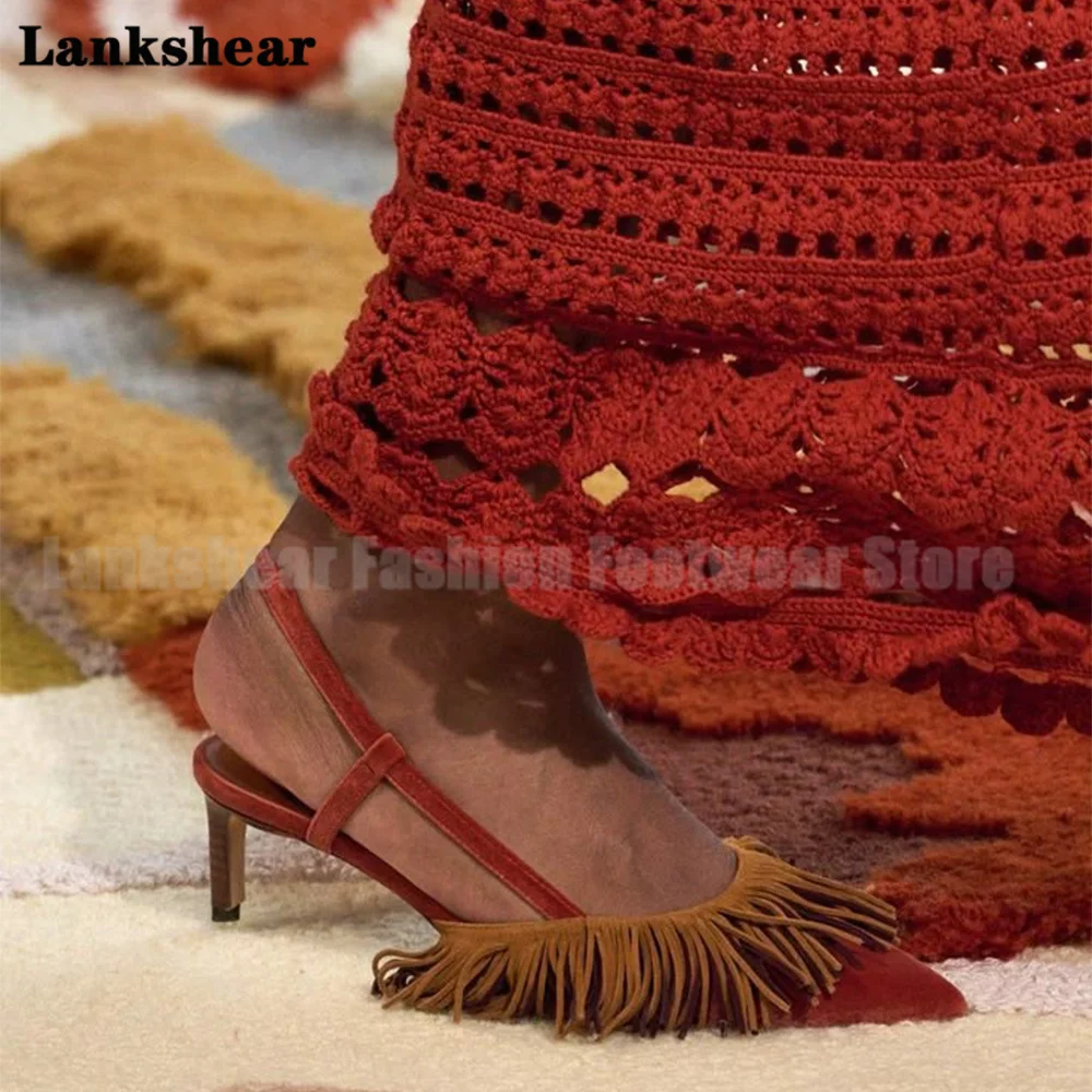 

Pointed Toe Tassel Stiletto Sandals Slip On Pumps Fringe Decor High Heels Summer Women Shoes Designer Style Botas Mujer
